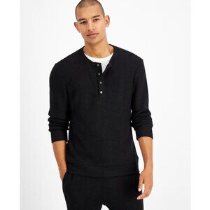 International Concepts Men's Solid Waffle-Knit Henley Sweater Deep Black-Large
